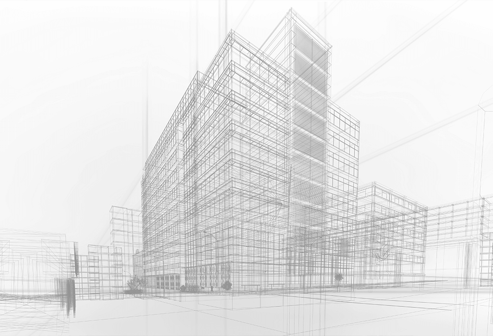 A modern black and white wireframe of a high rise building in the style of an architectural CGI sketch