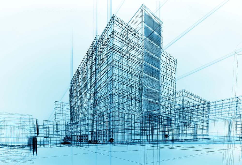 A modern blue and white wireframe of a high rise building in the style of an architectural CGI sketch